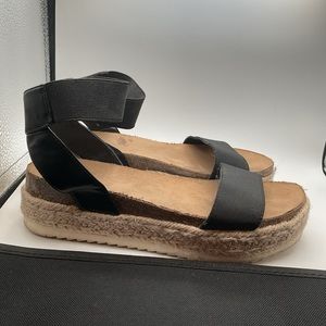 Kim - Espardille Fabric Ankle Strap Sandals - Black - Ladies Size 8M